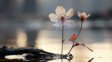 two flowers are growing out of a log in the water generative ai photo