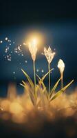 two flowers in the grass at night with a light shining on them generative ai photo