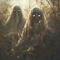 two ghostly figures in the grass with glowing eyes generative ai photo