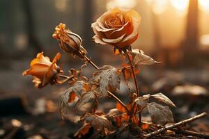 two dead roses in the middle of a forest at sunset generative ai photo