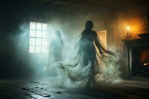 two ghostly figures in a dark room with smoke coming from the fireplace generative ai photo