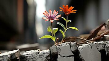 dos flores creciente fuera de un grieta en un pared generativo ai foto