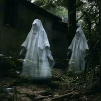 two ghostly figures walking through the woods generative ai photo