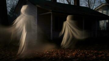 dos fantasmal cifras estar en frente de un casa generativo ai foto