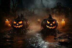 two jack o lanterns in the dark with candles generative ai photo