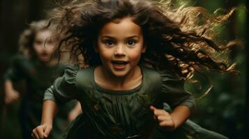 dos pequeño muchachas corriendo en el bosque generativo ai foto
