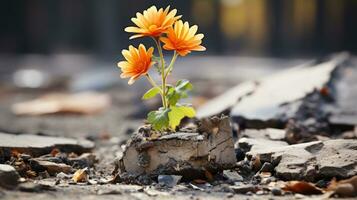 two orange flowers growing out of a crack in the ground generative ai photo