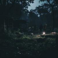 two people walk through the woods at night generative ai photo