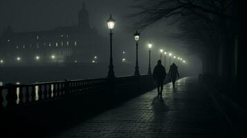 two people are walking down a path at night in the fog generative ai photo