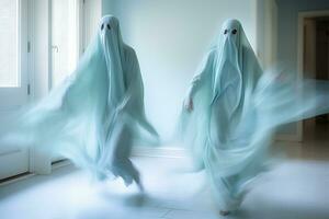 dos personas vestido en fantasma disfraces son caminando mediante un habitación generativo ai foto