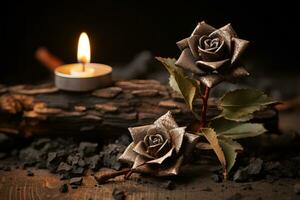 dos papel rosas en un de madera mesa con un iluminado vela generativo ai foto