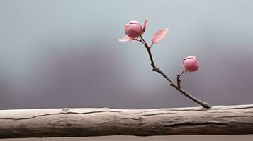 two pink flowers are sitting on top of a wooden branch generative ai photo