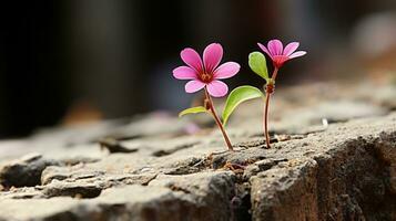 two pink flowers growing out of a crack in the ground generative ai photo