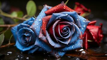 dos rojo y azul rosas con agua gotas en ellos generativo ai foto