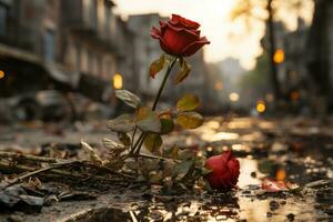 dos rojo rosas sentar en el suelo en frente de un edificio generativo ai foto