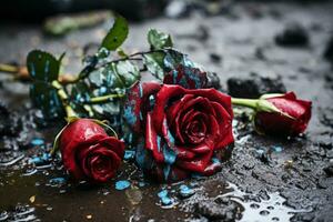 dos rojo rosas con azul pintar en el suelo generativo ai foto