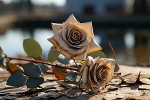 two roses sitting on the ground next to a pond generative ai photo