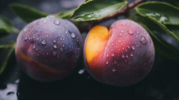 two ripe plums on a branch with water droplets generative ai photo