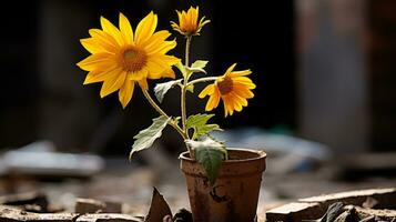 two sunflowers growing out of a pot on the ground generative ai photo