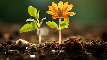 two small orange flowers growing out of the ground generative ai photo