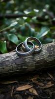 two wedding rings sitting on top of a log generative ai photo
