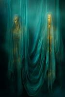 two statues in a dark room with blue curtains generative ai photo