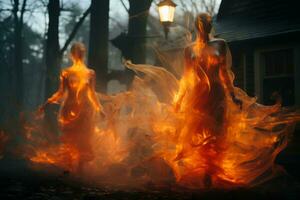 two women are standing in front of a house with flames coming out of them generative ai photo