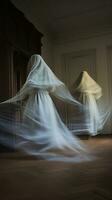 two women dressed in white are dancing in a room generative ai photo