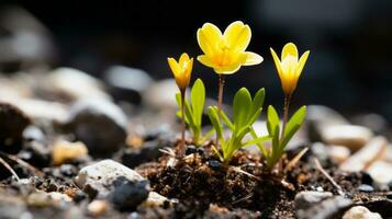 two yellow flowers are growing out of the ground generative ai photo