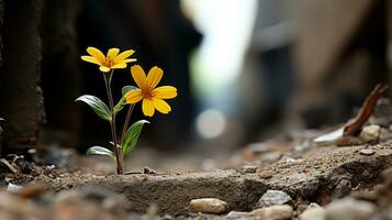 two yellow flowers growing out of a crack in the ground generative ai photo