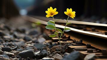 two yellow flowers growing out of the ground on railroad tracks generative ai photo