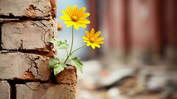 dos amarillo flores creciente fuera de un grieta en un ladrillo pared generativo ai foto