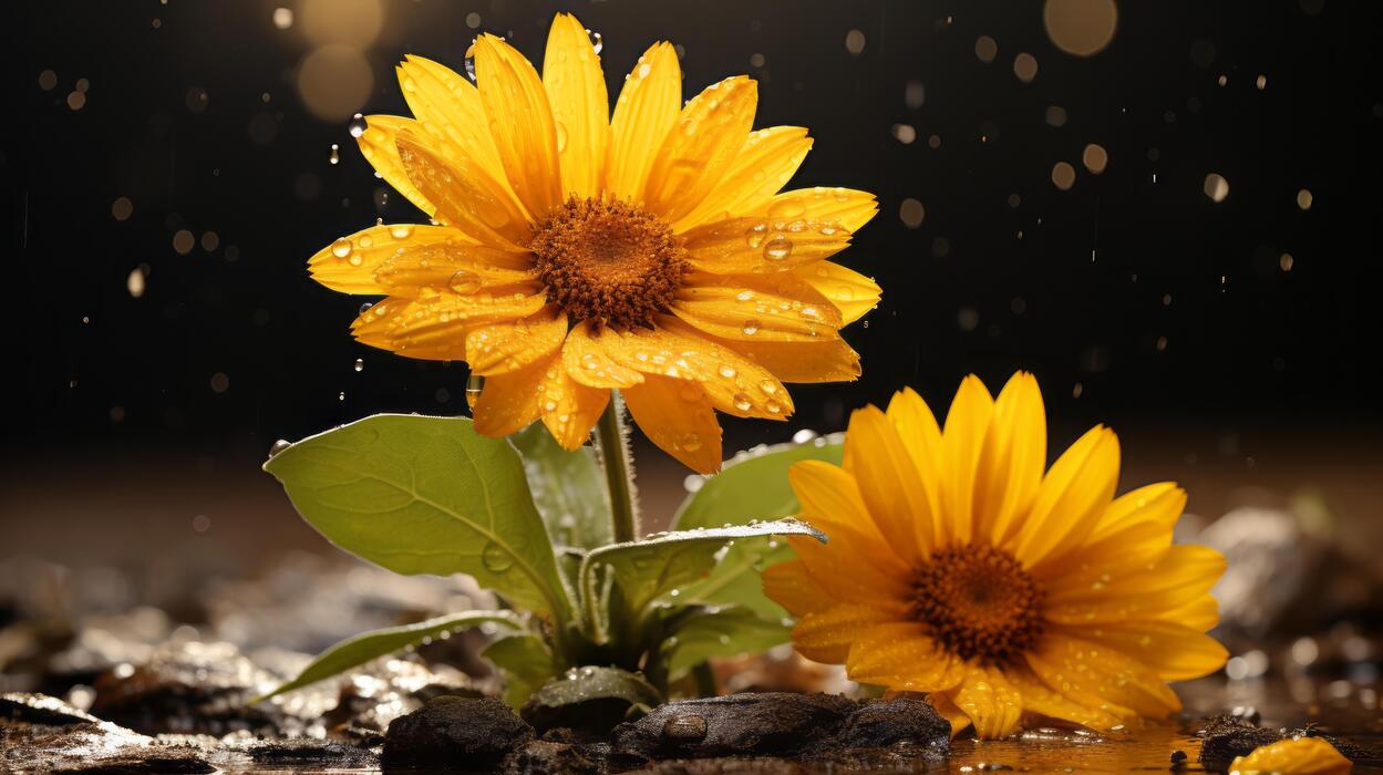two yellow sunflowers in the rain on a black background generative ai  32129367 Stock Photo at Vecteezy