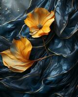 two yellow flowers on a blue cloth generative ai photo