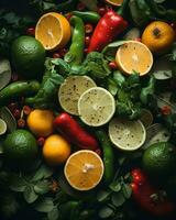 various fruits and vegetables are arranged in a circle generative ai photo