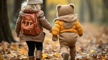 two young children walking in the woods holding hands with a teddy bear generative ai photo
