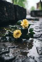 dos amarillo rosas sentado en el suelo en el lluvia generativo ai foto