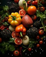 varios frutas y vegetales son arreglado en un negro antecedentes generativo ai foto