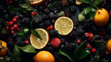 various fruits and berries are arranged on a black background generative ai photo