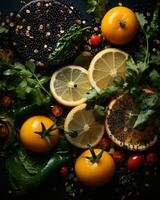 various fruits and vegetables are arranged on a black background generative ai photo