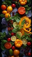 various fruits and vegetables are arranged in a circle generative ai photo