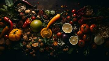 various fruits and vegetables on a dark background generative ai photo