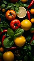 various fruits and vegetables arranged on a black background generative ai photo