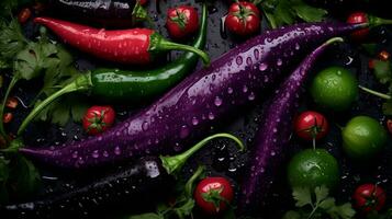 various peppers and tomatoes on a black background generative ai photo