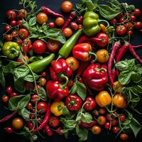 various red and green peppers and tomatoes on a black background generative ai photo
