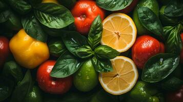 various fruits and vegetables with lemon slices generative ai photo