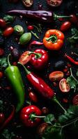 various red and green peppers and tomatoes on a black background generative ai photo