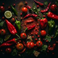 various red peppers and tomatoes on a black background generative ai photo