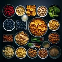 various types of snacks are arranged in bowls on a black background generative ai photo