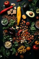 various types of vegetables and nuts on a black background generative ai photo